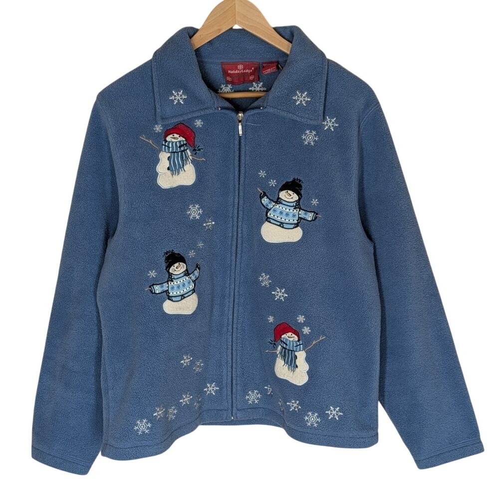 Vintage Holiday Lodge Fleece Sweatshirt Snowmen Winter Blue Zip Up Fleece